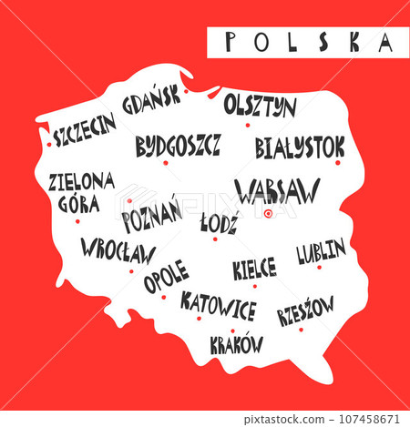 Vector Hand Drawn Stylized Map Of Polish Cities. Travel Illustration. Republic Of Poland Geography Illustration. Europe Map Element 107458671