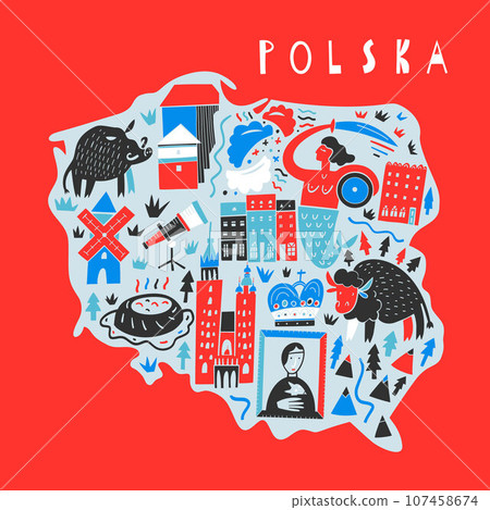 Vector Hand Drawn Stylized Map Of Polish Landmarks. Travel Illustration. Republic Of Poland Geography Illustration. Europe Map Element 107458674