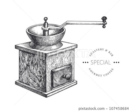 Manual Coffee Grinder Illustration. Vector Hand Drawn Isolated Mill. Vintage Style Coffee Equipment Manual Coffee Grinder Illustration. Vector Hand Drawn Isolated Mill. Vintage Style Coffee Equipment 107458684