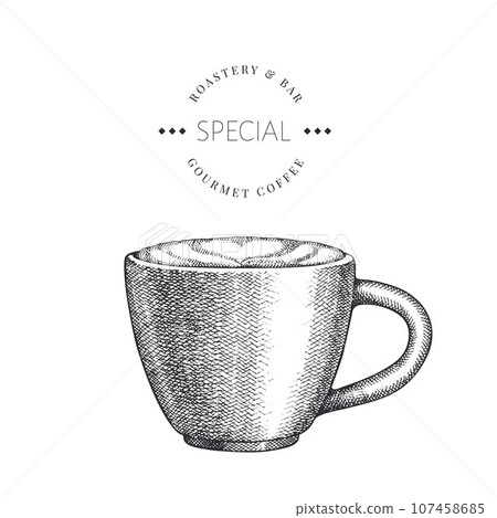 Coffee Cup Illustration. Vector Hand Drawn Isolated Cappuccino Mug. Vintage Style Beverage 107458685