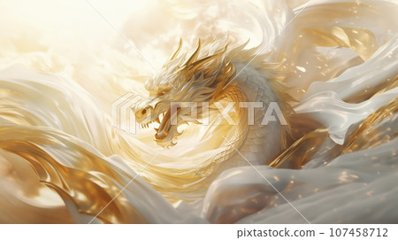 A horizontally generated AI image with gold and white drapes, white dragons, silk-touch shine, and a luxurious feel. 107458712