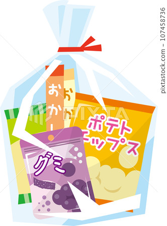 Illustration of an assortment of snacks in a plastic bag 107458736