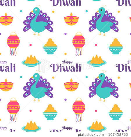 Happy Diwali Seamless Pattern Illustration Design with Light Festival of India Ornament in Cartoon Hand Drawn Template 107458763