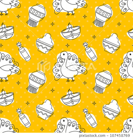 Happy Diwali Seamless Pattern Illustration Design with Light Festival of India Ornament in Cartoon Hand Drawn Template 107458769