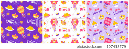 Set of Happy Diwali Seamless Pattern Illustration Design with Light Festival of India Ornament in Cartoon Hand Drawn Template Set of Happy Diwali Seamless Pattern Illustration Design with Light Festival of India Ornament in Cartoon Hand Drawn Template 107458779