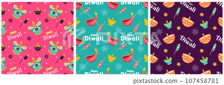 Set of Happy Diwali Seamless Pattern Illustration Design with Light Festival of India Ornament in Cartoon Hand Drawn Template 107458781