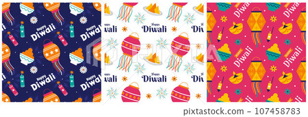 Set of Happy Diwali Seamless Pattern Illustration Design with Light Festival of India Ornament in Cartoon Hand Drawn Template 107458783