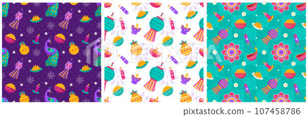 Set of Happy Diwali Seamless Pattern Illustration Design with Light Festival of India Ornament in Cartoon Hand Drawn Template 107458786