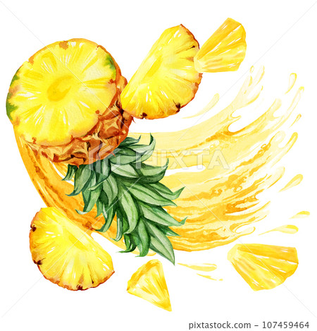 watercolor hand drawn seamless border with pineapple, half, slices ripe pineapple and stream of juicy, sketch of yellow tropical fruit, food illustration isolated on white background 107459464