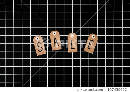 Minimal modern creative Black Friday Sale concept with tag sign SALE on checkered black background. Shopping, Store, sale, electronic commerce concept. 107459632