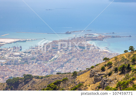 View of Trapani from Erice town in Sicily, Italy. 107459771