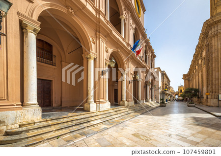 Palace VII April in historic centre of Marsala town in Sicily. Palace VII April in historic centre of Marsala town in Sicily. 107459801