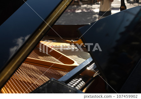 Piano is inside, strings closeup, nobody, outdoor Piano is inside, strings closeup, nobody, outdoor 107459902