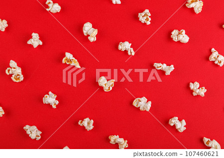 popcorn macro on a red background popcorn macro on a red background 107460621