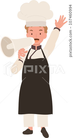 cute Child Cook in Chef Uniform Making Announcement with Megaphone cute Child Cook in Chef Uniform Making Announcement with Megaphone 107460994