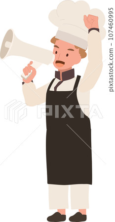 cute Child Cook in Chef Uniform Making Announcement with Megaphone cute Child Cook in Chef Uniform Making Announcement with Megaphone 107460995