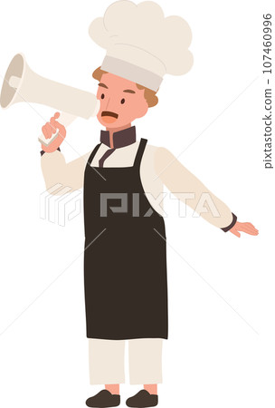 cute Child Cook in Chef Uniform Making Announcement with Megaphone cute Child Cook in Chef Uniform Making Announcement with Megaphone 107460996
