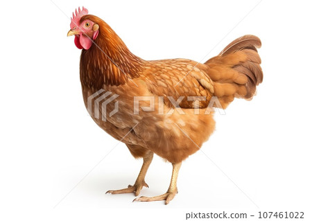 Brown chicken standing on white background, looking at camera with bright eyes. Brown chicken standing on white background, looking at camera with bright eyes. 107461022