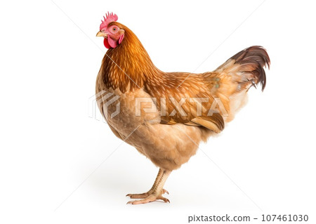 Brown chicken standing on white background, looking at camera with bright eyes. Brown chicken standing on white background, looking at camera with bright eyes. 107461030
