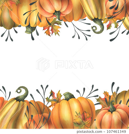Orange autumn pumpkins with maple leaves and twigs. Watercolor illustration, hand drawn. Frame, template, board on a white background Orange autumn pumpkins with maple leaves and twigs. Watercolor illustration, hand drawn. Frame, template, board on a white background 107461349