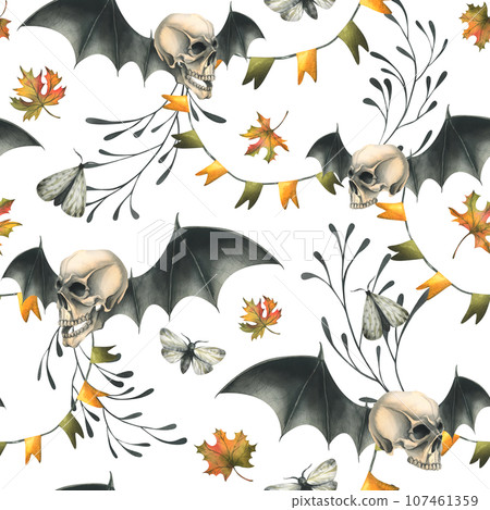 Human skulls with bat wings, branches, moths, garlands of flags and autumn leaves. Hand drawn watercolor illustration for Halloween and Day of the Dead. Seamless pattern on a white background Human skulls with bat wings, branches, moths, garlands of flags and autumn leaves. Hand drawn watercolor illustration for Halloween and Day of the Dead. Seamless pattern on a white background 107461359