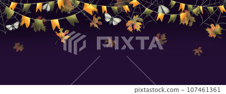 Garlands with flags in green and orange with falling autumn leaves. Watercolor hand drawn illustration for Halloween, Thanksgiving, Harvest Festival. Seamless border on a dark violet background. Garlands with flags in green and orange with falling autumn leaves. Watercolor hand drawn illustration for Halloween, Thanksgiving, Harvest Festival. Seamless border on a dark violet background. 107461361