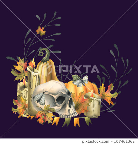 Human skull with orange pumpkins, candles, night moths, cobwebs and autumn leaves. Hand drawn watercolor illustration for Halloween and Day of the Dead. Wreath on a dark violet background 107461362