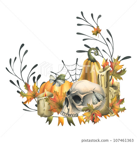 Human skull with orange pumpkins, candles, night moths, cobwebs and autumn leaves. Hand drawn watercolor illustration for Halloween and Day of the Dead. Wreath on a white background Human skull with orange pumpkins, candles, night moths, cobwebs and autumn leaves. Hand drawn watercolor illustration for Halloween and Day of the Dead. Wreath on a white background 107461363