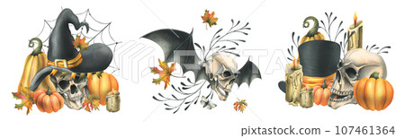 Human skulls in hats with bat wings, pumpkins, autumn leaves and candles. Hand drawn watercolor illustration for Halloween. Set of different compositions on a white background. 107461364