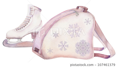 Hand drawn watercolor bag rucksack for figure skating boots, winter sports equipment. Illustration isolated object, white background. Design poster, print, website, card, invitation, shop brochure Hand drawn watercolor bag rucksack for figure skating boots, winter sports equipment. Illustration isolated object, white background. Design poster, print, website, card, invitation, shop brochure 107461379