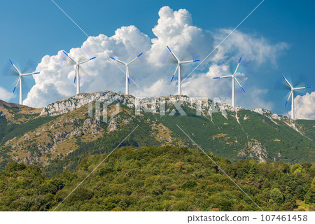 Group of Wind Turbines on the top of the Mountain Range 107461458