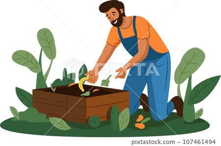 The man is disposing of organic food trash in the compost pit. food waste, zero waste, recycle Concept. The man is disposing of organic food trash in the compost pit. food waste, zero waste, recycle Concept. 107461494