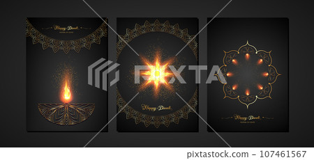 Happy Diwali Festival of Lights India Celebration set black template. Vertical banner design of Indian Diya Oil Lamps, Modern Design in gold color. Vector Indian art style, luxury background 107461567