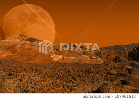 Mars planet landscape. Martian ground, mountain and red sky, futuristic cosmic science background.  107461618