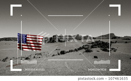 Futuristic cosmic science background with US flag Mars rover through viewfinder display Futuristic cosmic science background with US flag Mars rover through viewfinder display 107461635