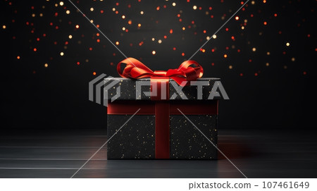 Black box with red ribbon on dark background with lights on black friday sale day Black box with red ribbon on dark background with lights on black friday sale day 107461649