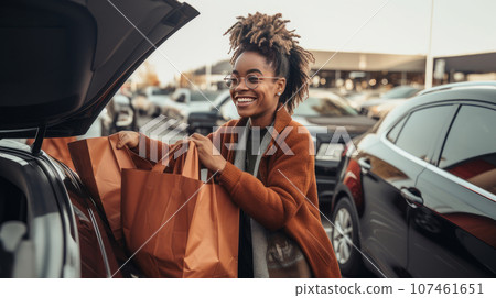 A black woman places a large amount of shopping in the trunk of her car in a shopping center parking A black woman places a large amount of shopping in the trunk of her car in a shopping center parking 107461651