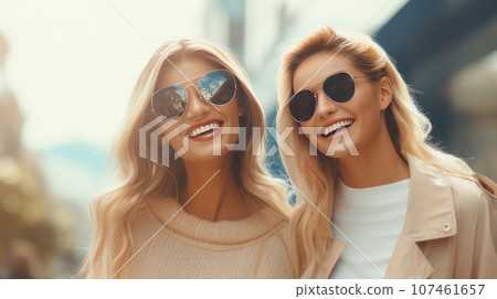 Two happy and smiling girlfriends walk through boutiques and shopping centers Two happy and smiling girlfriends walk through boutiques and shopping centers 107461657