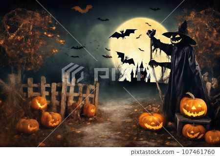 halloween, scarecrow in front of the old house, around pumpkins and mystical forest, flying bats on big full moon background, scary and fabulous, dark magic 107461760
