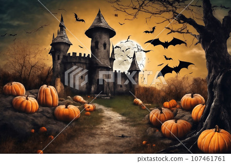 halloween night, old house in mystical forest, around pumpkins and flying bats, big full moon in dark sky, scary and fabulous, dark magic 107461761
