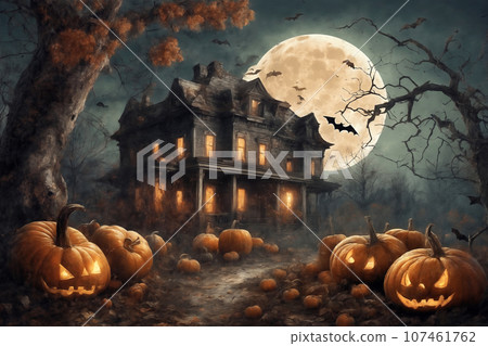 decoration for halloween holiday, old house in mystical forest, around pumpkins and bats, big full moon, scary and fabulous, dark magic 107461762