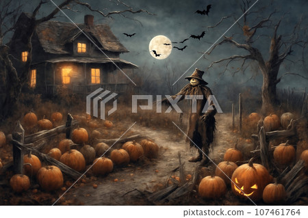 halloween, scarecrow on the path in front of the old house, mystical forest around, flying bats on big full moon background, scary and fabulous, dark magic 107461764