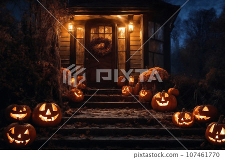 Halloween decorations on the porch of an old house exterior, jack o lantern pumpkins, abandoned place, night, autumn nature 107461770