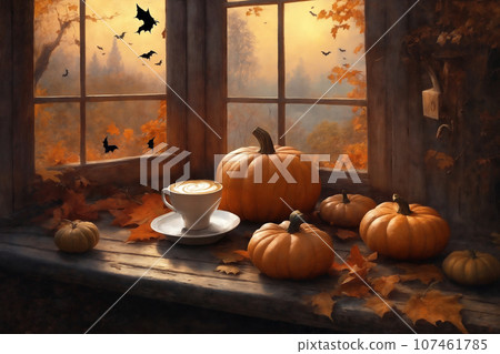 decoration for halloween holiday, a cup of hot latte and pumpkins on a windowsill, flying bats in sunset, beautiful autumn landscape outside the window, rural, still life 107461785