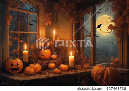 decoration for halloween holiday, jack-o-lantern pumpkins and candles on a windowsill, flying bats outside the window, moonlit night, dark, scary 107461786