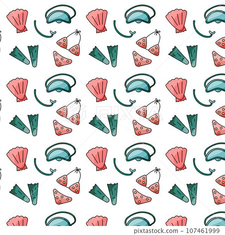 summer pattern swimsuit shell fins mask heat 107461999