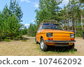 An old Italian car standing alone in the forest on the grass. Ideal condition. Summer and vacation trip. 107462092