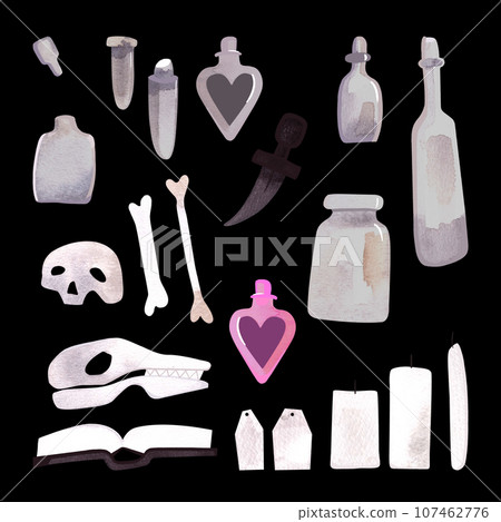 A set of items for witchcraft rituals: skulls, bones, flasks and potions, a book, a dagger, a love potion, candles, paper labels. Halloween decor. Watercolor isolated hand drawn illustration on black 107462776