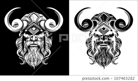 Viking Warrior Man Strong Mascot Face in Helmet 107463282