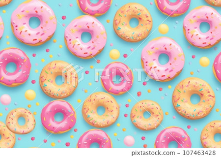 Seamless pattern of pink doughnut on blue background. Pastel wallpaper. 107463428